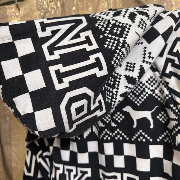 PINK Victorias Secret Black White Winter Sherpa Hood Zip Romper Small - Picture 8 of 11